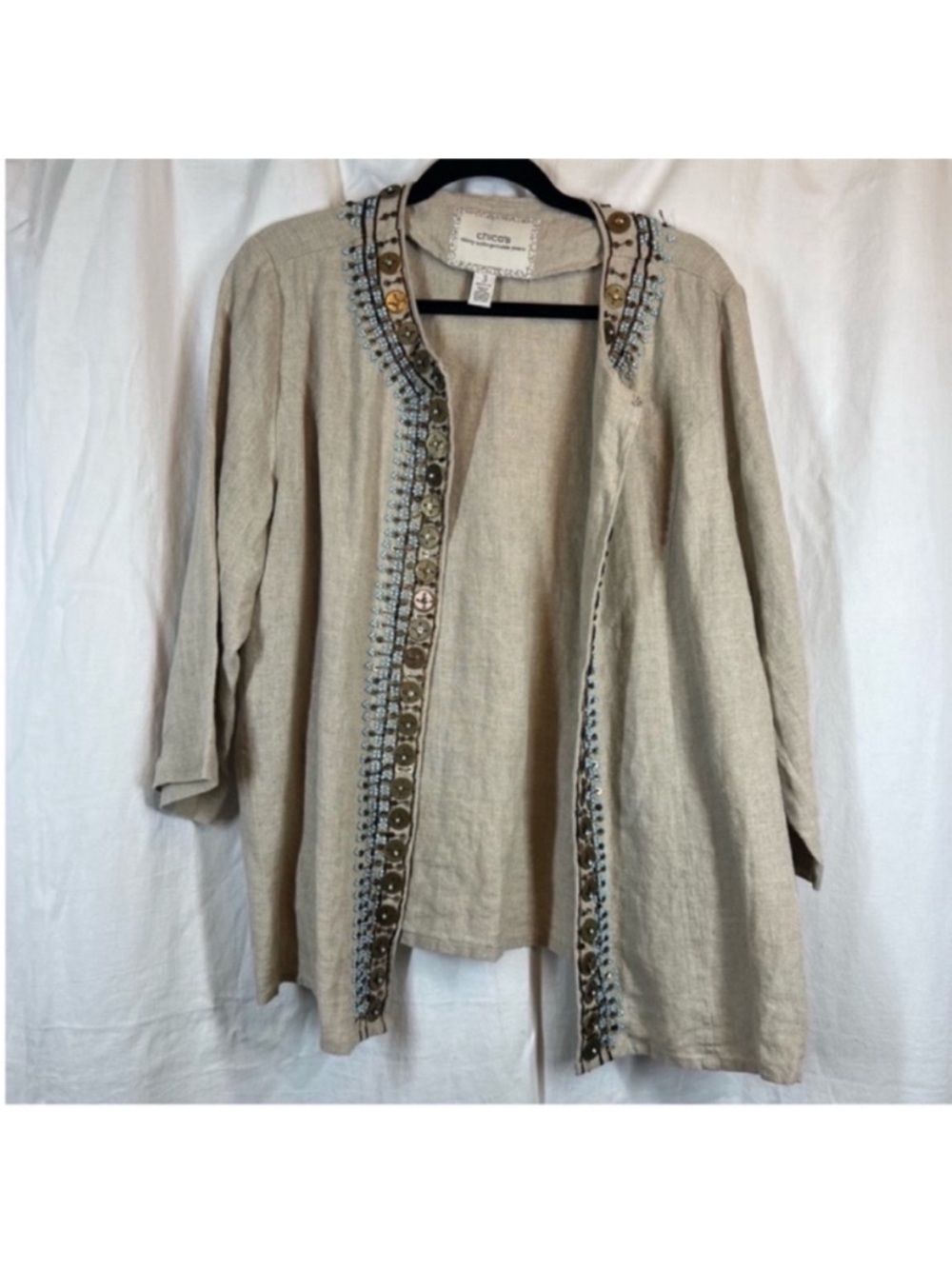 Chicos 100% linen embellished beaded open front jacket 30 unforgettable years